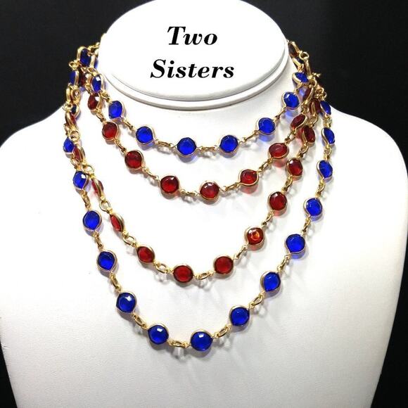 Vintage 2 Necklace Set, Red Blue Acrylic Flat Bead Chains, TWO SISTERS, 28 Inch - Picture 2 of 6